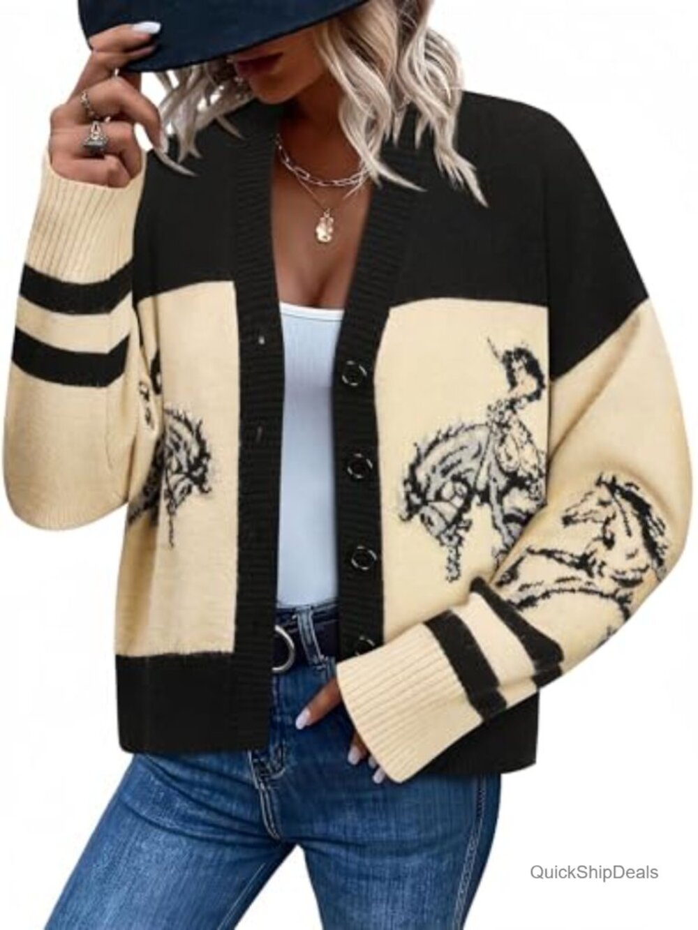 Western Cowgirl Horse Graphic Cardigan Sweater Button V Neck Knit